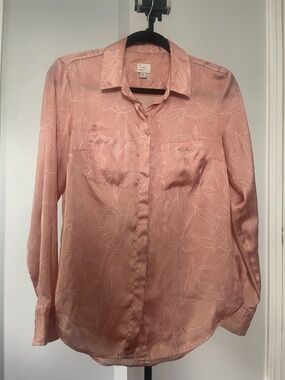 Pink Leaf Print Blouse Size S Button Up Lightweight Workwear